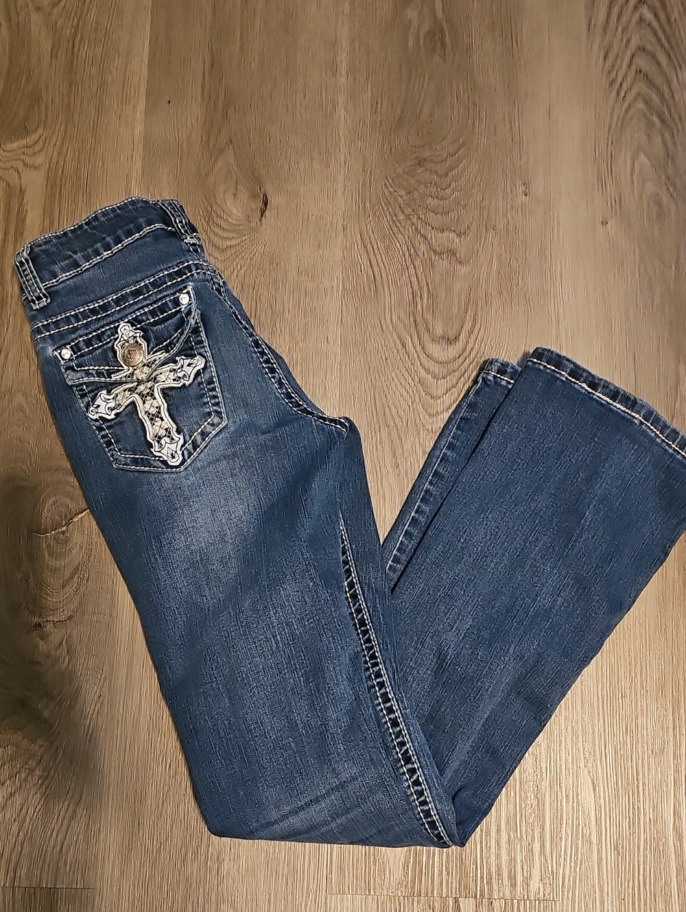 Girls Dark Blue Embroidered Cross Bootcut Jeans